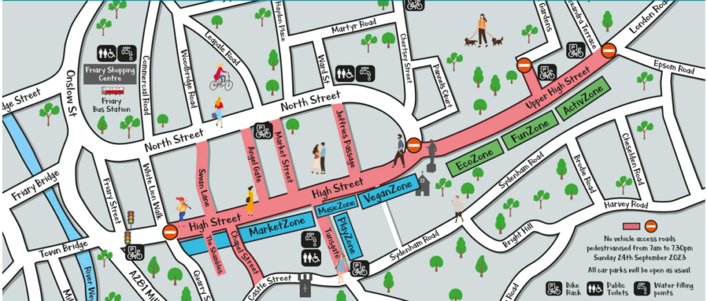Map showing which roads are closed in Guildford for car free day; High street, Upper High street, Jeffries Passage, Market Street, Angel Gate, Swan Lane, The Shambles, Chapel Street, Tunsgate.