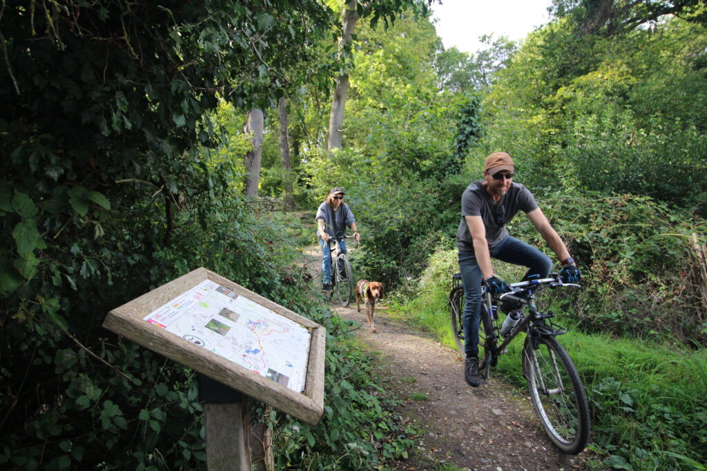 Two people cycling and a dog running through the woods along the Christmas Pie Trail. An information board is visible in the foreground.