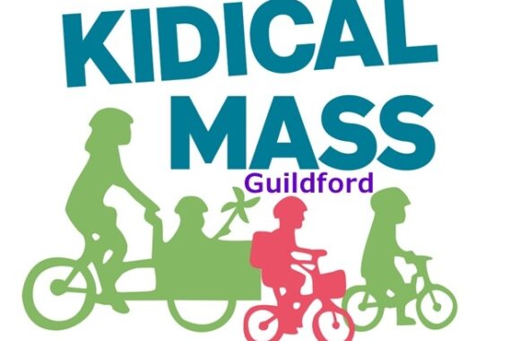Kidical mass logo showing silhouettes of a person cycling a child in a cargo bike, and two children cycling independently