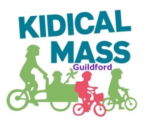 Kidical mass logo showing silhouettes of a person cycling a child in a cargo bike, and two children cycling independently